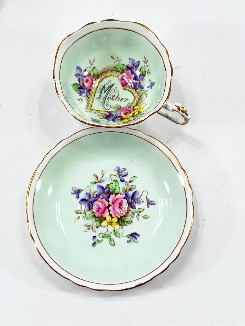 RARE Vintage PARAGON Bone China Teacup Cup & Saucer Double Warrant Mother Green